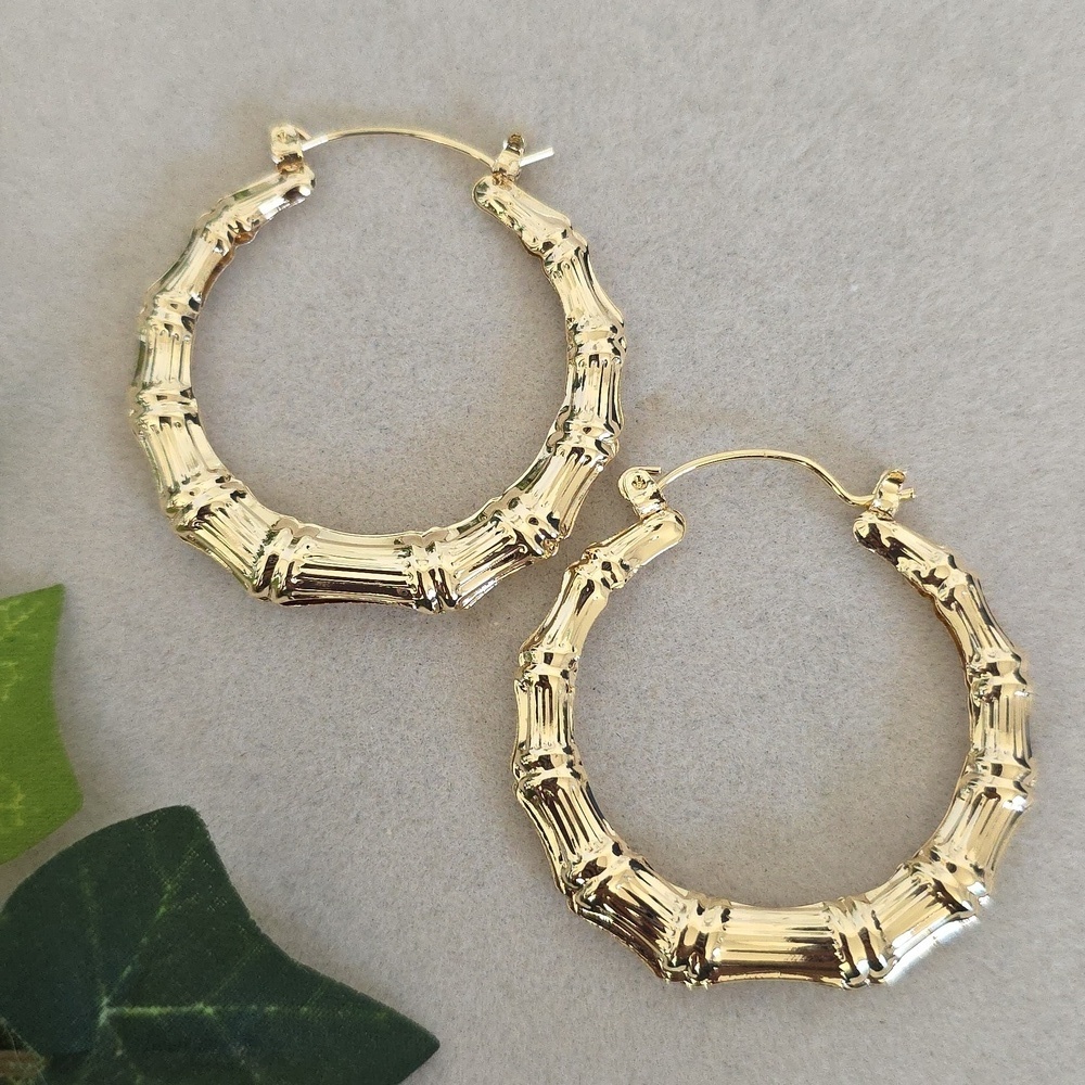 Gold Filled Medium Round Bamboo Hoop Earrings 1.5"